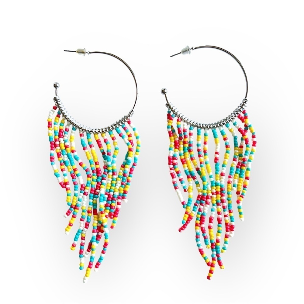 Hoops creole bohemian cascading dangly earrings, colorful beads jewelry